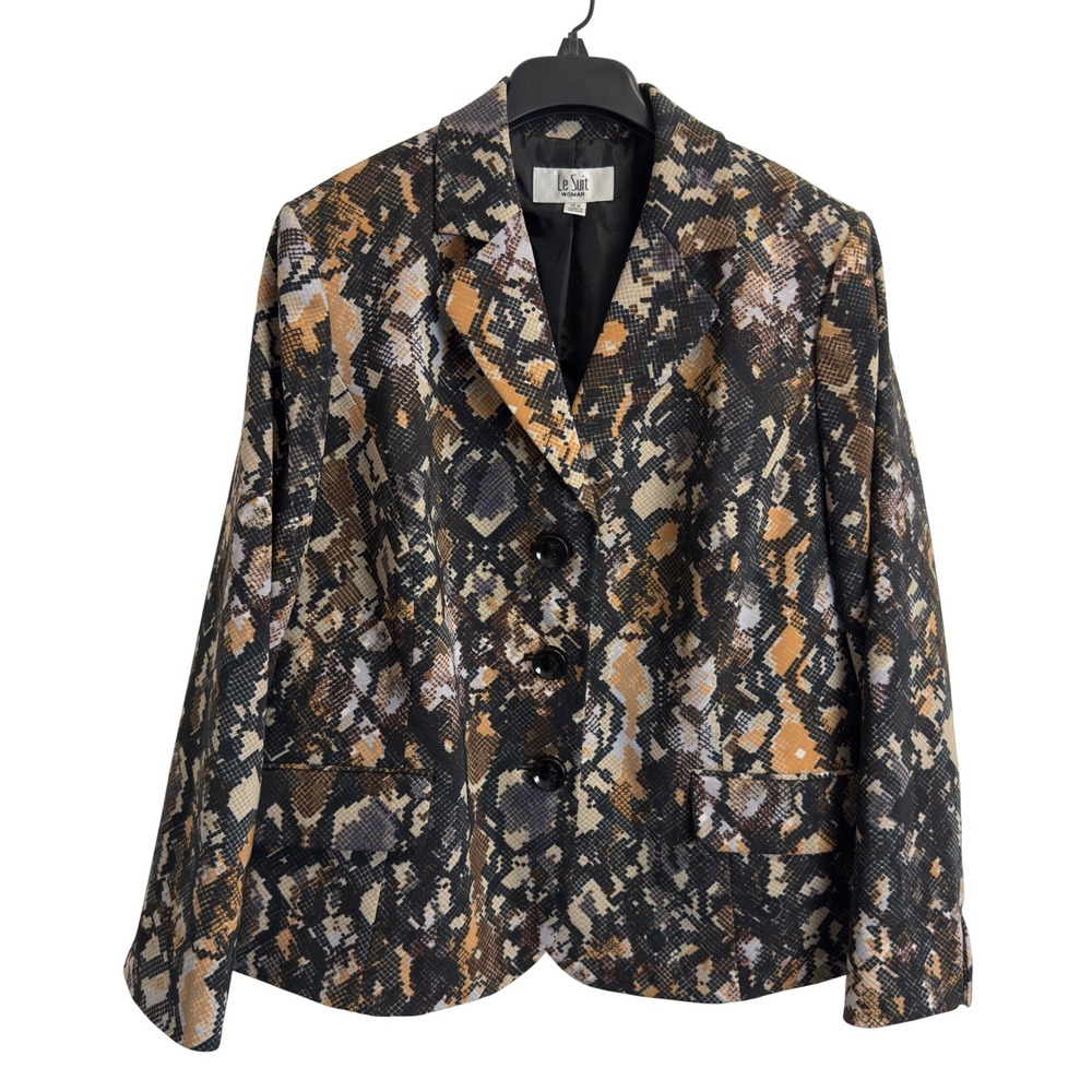 Le Suit Woman Snakeskin Print Blazer Brown Tan Black 3 Button Jacket 16W